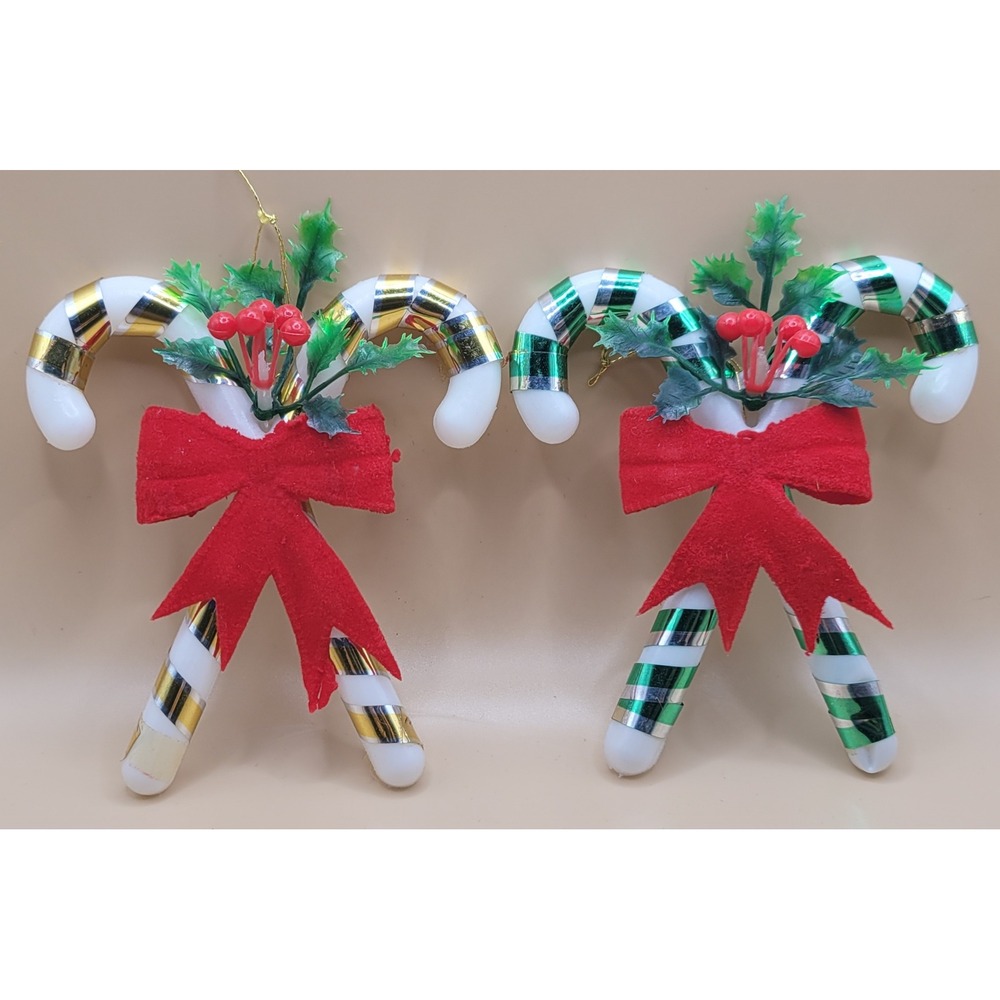 Vintage Candy Cane Christmas Ornaments Set of 2 Gold Green Foil Red Bow Holly